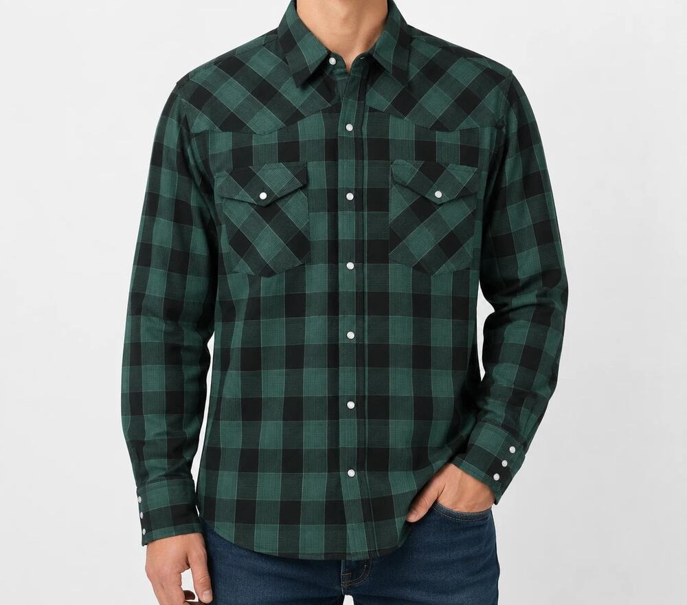 Canyon Guide Outfitters Shirt Mens XL Green Black Pearl Snap Cotton Plaid